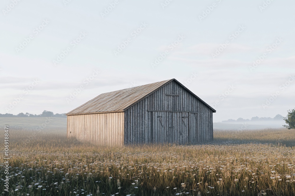 Rustic Wooden Barn in a Misty Field: A Peaceful Countryside Landscape Rustic Wooden Barn in a Misty Field: A Peaceful Countryside Landscape