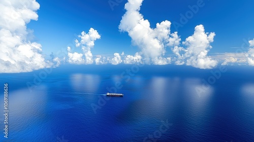 Aerial view of the vast ocean with a single freighter moving slowly across the endless blue.