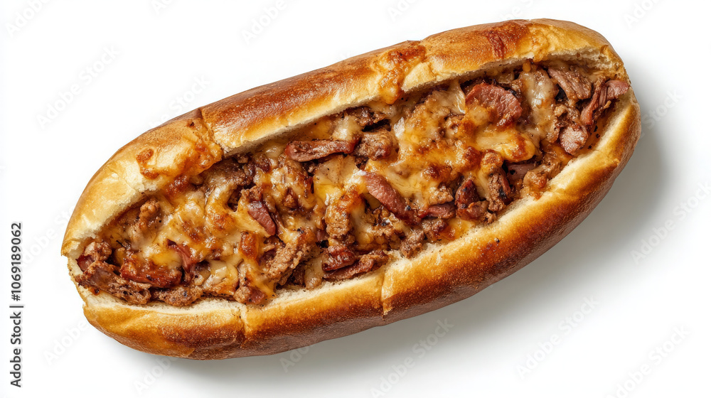 A stuffed sandwich featuring beef and melted cheese in a soft bread roll. A stuffed sandwich featuring beef and melted cheese in a soft bread roll.