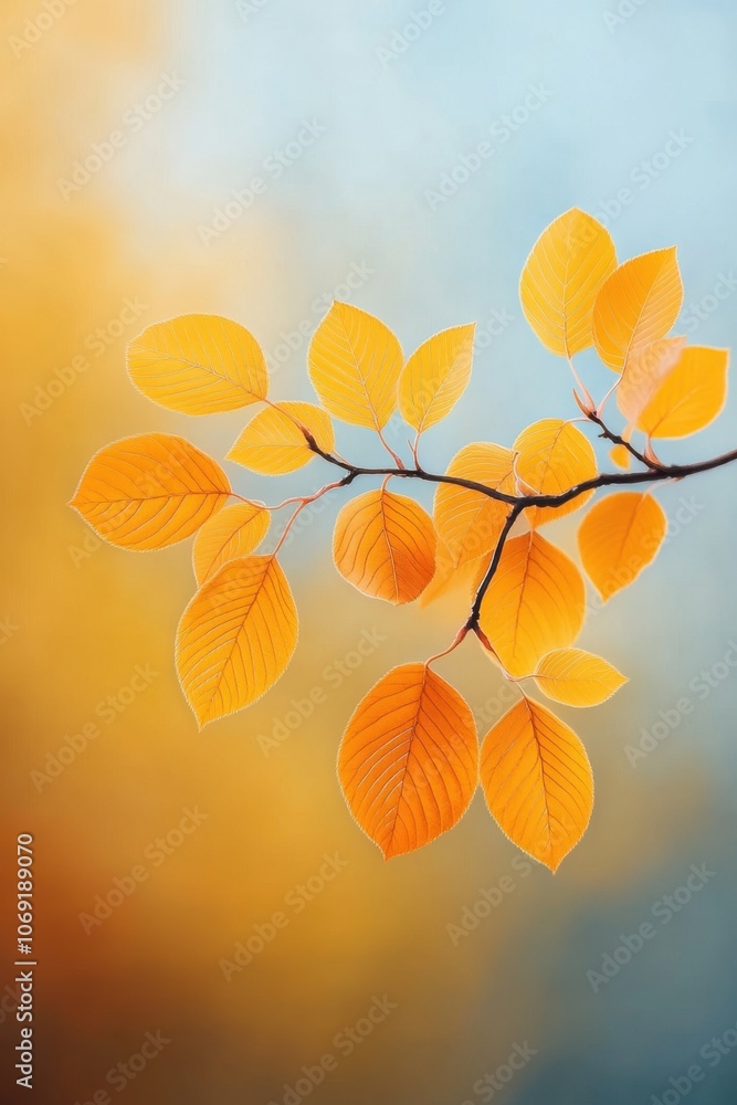 Vibrant autumn leaves on a branch against a blurred orange and blue background Vibrant autumn leaves on a branch against a blurred orange and blue background