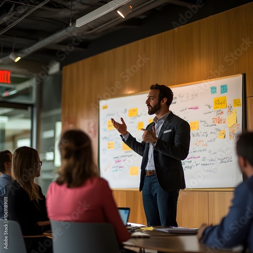 An entrepreneur energetically pitching an idea to a group of investors, delivering an animated and passionate presentation