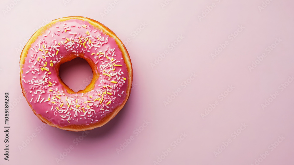 A pink frosted donut with sprinkles on a pastel pink background. A pink frosted donut with sprinkles on a pastel pink background.