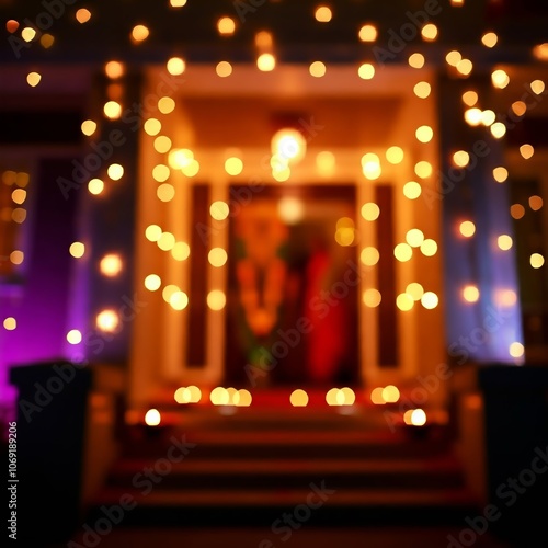 A house decorated with Diwali lights shows off the festive illumination at the entrance with bokeh effect against a blurred background during the evening celebration. photo