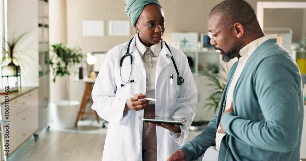 Tablet, consultation and doctor with black man in checkup at hospital for diagnosis or treatment plan. Technology, healthcare and patient with medical worker for cardiovascular discussion in clinic Tablet, consultation and doctor with black man in checkup at hospital for diagnosis or treatment plan. Technology, healthcare and patient with medical worker for cardiovascular discussion in clinic