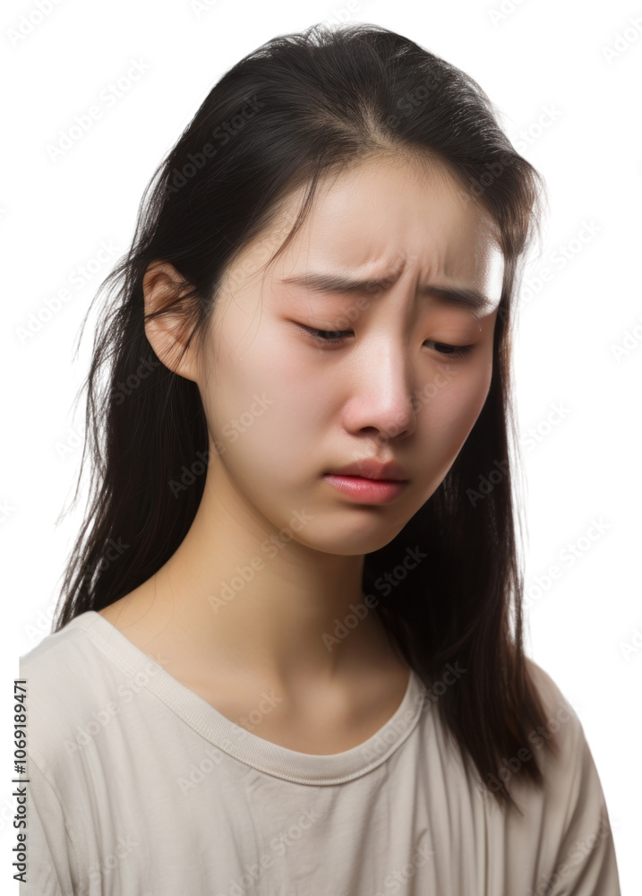 PNG Young chinese girl forehead portrait worried. PNG Young chinese girl forehead portrait worried.
