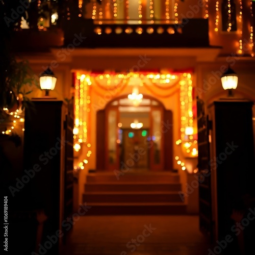 A house decorated with Diwali lights shows off the festive illumination at the entrance with bokeh effect against a blurred background during the evening celebration. photo