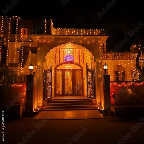 A house decorated with Diwali lights shows off the festive illumination at the entrance with bokeh effect against a blurred background during the evening celebration. photo