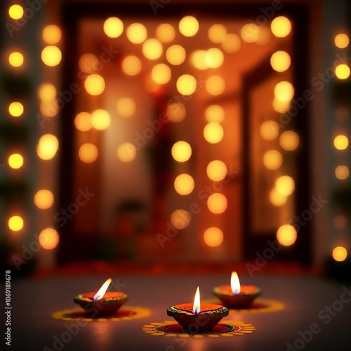 A house decorated with Diwali lights shows off the festive illumination at the entrance with bokeh effect against a blurred background during the evening celebration. photo