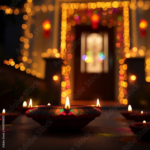 A house decorated with Diwali lights shows off the festive illumination at the entrance with bokeh effect against a blurred background during the evening celebration. photo