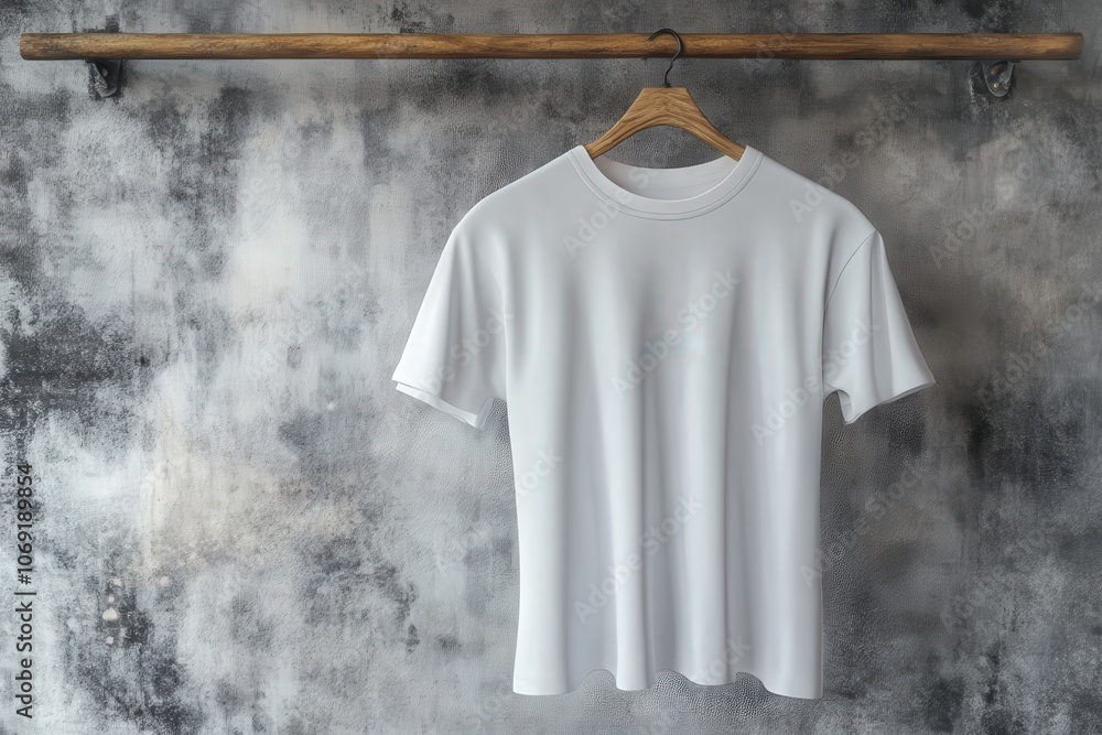 White T-Shirt Hanging on Wooden Hanger Against Distressed Concrete Wall White T-Shirt Hanging on Wooden Hanger Against Distressed Concrete Wall