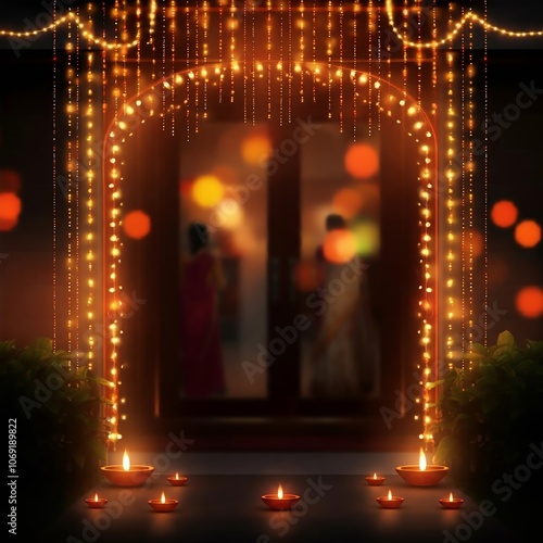 Wallpaper Mural A house decorated with Diwali lights shows off the festive illumination at the entrance with bokeh effect against a blurred background during the evening celebration. Torontodigital.ca