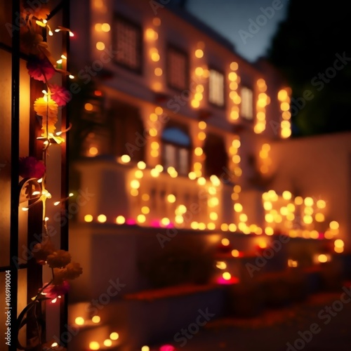 A house decorated with Diwali lights shows off the festive illumination at the entrance with bokeh effect against a blurred background during the evening celebration.