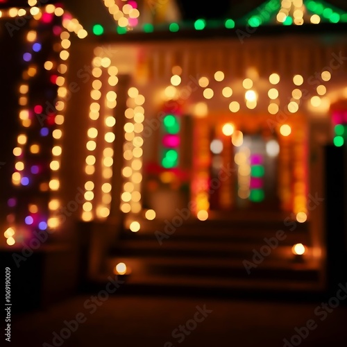 A house decorated with Diwali lights shows off the festive illumination at the entrance with bokeh effect against a blurred background during the evening celebration. photo