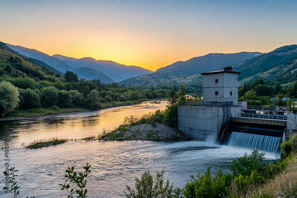 Sunset view over a tranquil river and dam in the mountains Sunset view over a tranquil river and dam in the mountains