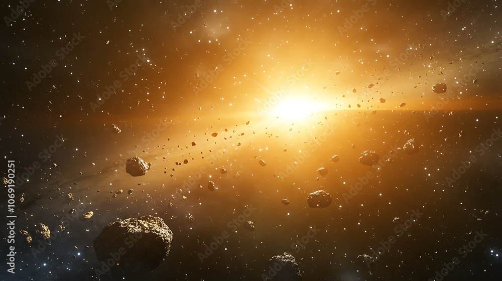 Fototapeta premium 3d illustration, Nebula And Asteroid Field In Deep Space