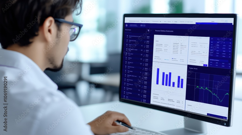 Man analyzing data on computer screen displaying financial graphs and statistics. Workplace analytics and business performance monitoring concept Man analyzing data on computer screen displaying financial graphs and statistics. Workplace analytics and business performance monitoring concept