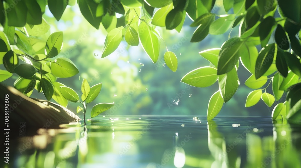 Lush green leaves reflecting in shimmering water creating a serene atmosphere for relaxation and harmony Lush green leaves reflecting in shimmering water creating a serene atmosphere for relaxation and harmony