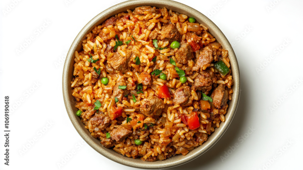 A bowl of savory rice mixed with beef, vegetables, and spices. A bowl of savory rice mixed with beef, vegetables, and spices.