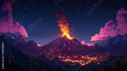 Captivating night landscape showcasing an erupting volcano against a backdrop of mountains highlighting the ferocity of nature s power