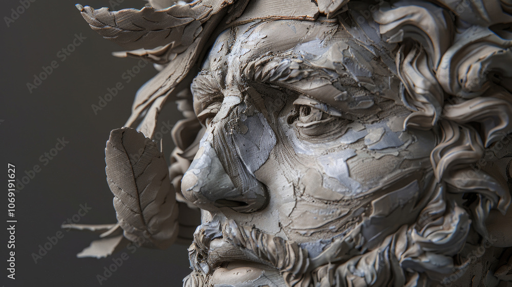 ** Intricate Clay Sculpture of a Bearded Man with Laurel Wreath Showcasing Detailed Craftsmanship and Artistic Expression..** ** Intricate Clay Sculpture of a Bearded Man with Laurel Wreath Showcasing Detailed Craftsmanship and Artistic Expression..**