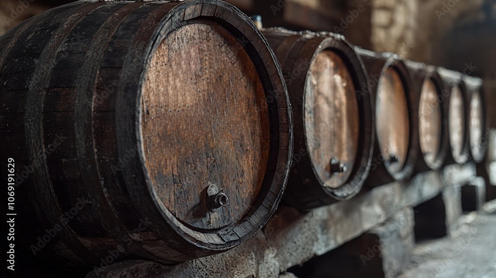 Wooden barrels lined up in a rustic cellar during daylight hours Wooden barrels lined up in a rustic cellar during daylight hours