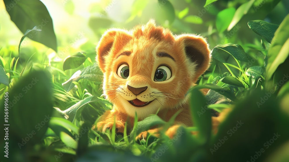 Close up of a lion cub nestled in lush green grass among its pride capturing the essence of family bonds in the wild Close up of a lion cub nestled in lush green grass among its pride capturing the essence of family bonds in the wild