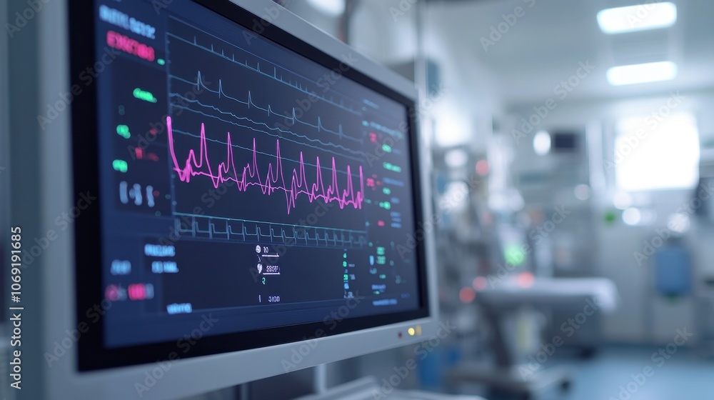 Close-up of hospital ECG monitor showing heart rhythms and patient data in real-time, highlighting cardiac monitoring in a clinical setting. Close-up of hospital ECG monitor showing heart rhythms and patient data in real-time, highlighting cardiac monitoring in a clinical setting.