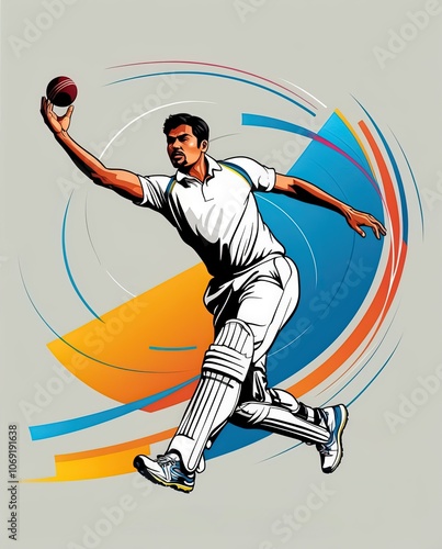 Dynamic Cricket Bowler in Action with Vivid Background Illustrating Sports Energy