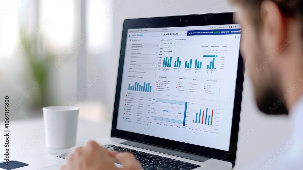Businessman analyzing data on laptop screen with charts and graphs. Businessman analyzing data on laptop screen with charts and graphs.