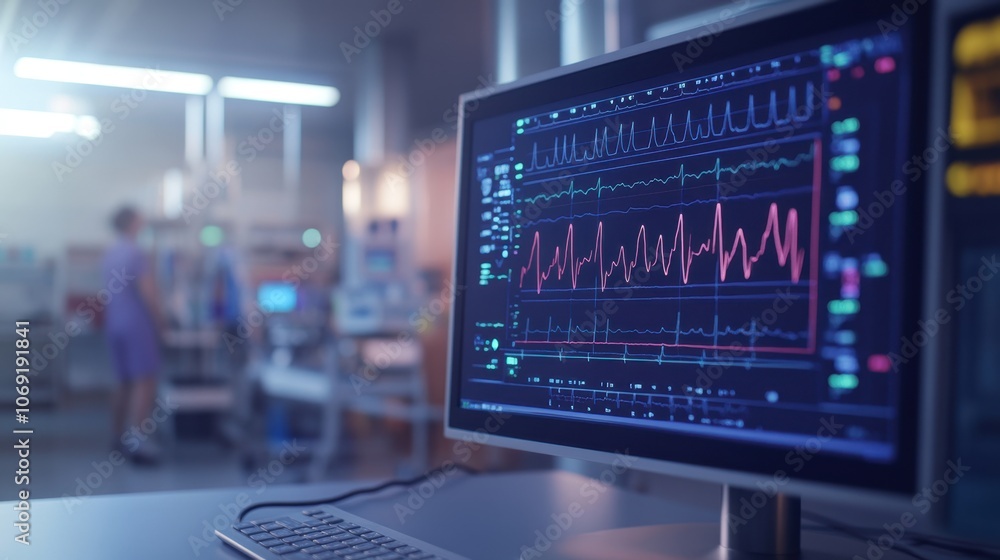 Close-up of hospital ECG monitor showing heart rhythms and patient data in real-time, highlighting cardiac monitoring in a clinical setting. Close-up of hospital ECG monitor showing heart rhythms and patient data in real-time, highlighting cardiac monitoring in a clinical setting.