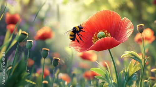 Vibrant red poppy flower with a busy bumblebee collecting nectar showcasing the beauty of nature and pollination