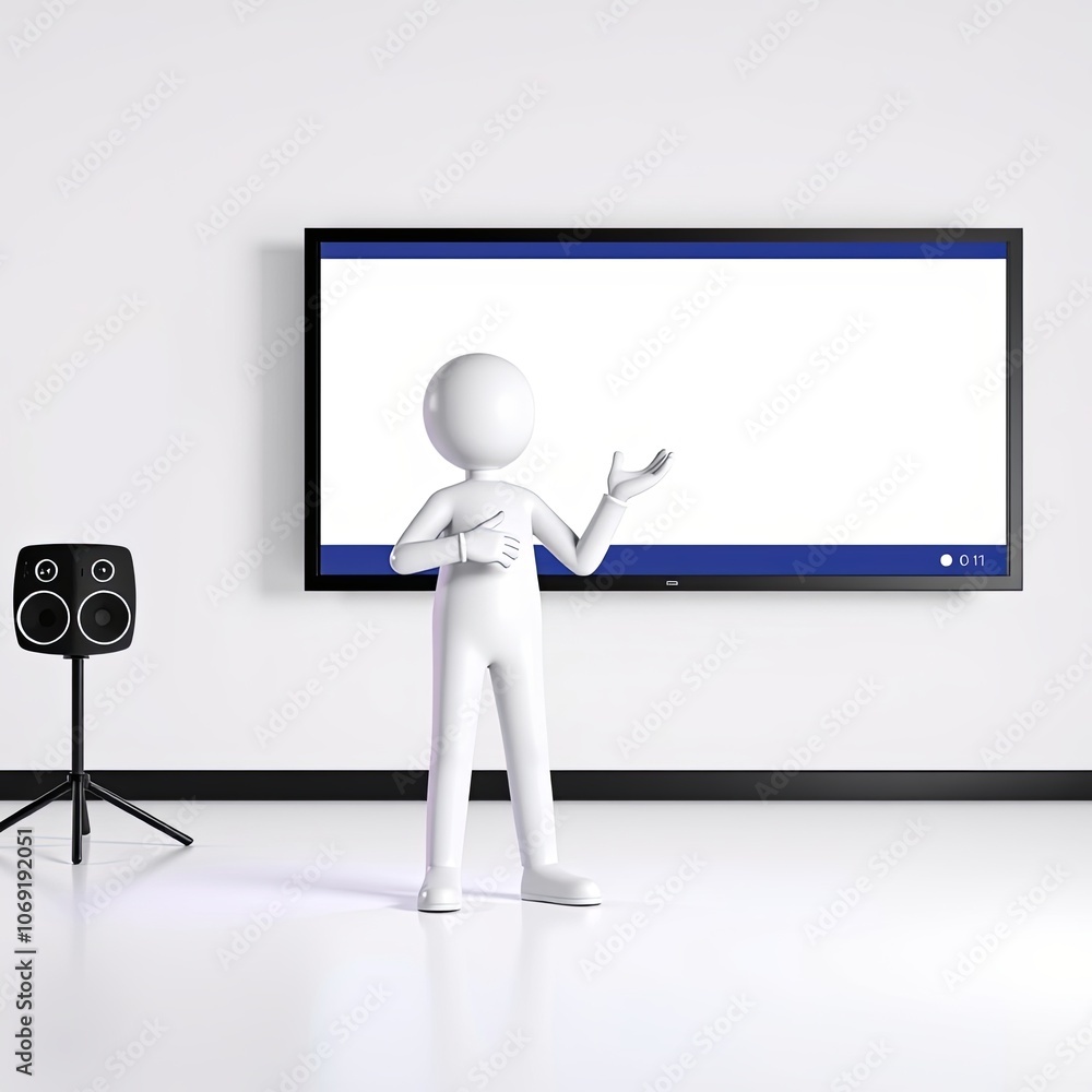 3D stick figure presenter, confident and minimalist, ideal for teaching and business presentations with copy space 3D stick figure presenter, confident and minimalist, ideal for teaching and business presentations with copy space