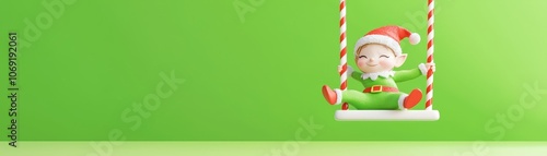 Delight in the joyful christmas spirit with a cheerful elf swinging on a bright green background