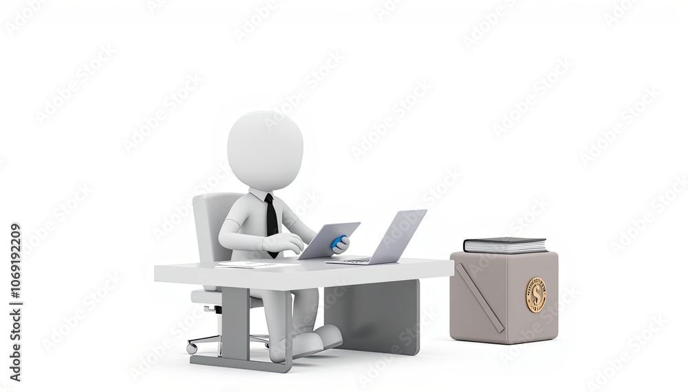 3D White Stick Figure Financial Planner with Calculator and Papers, Ideal for Tax and Money Management Visuals, with Copy Space for Finance Tips 3D White Stick Figure Financial Planner with Calculator and Papers, Ideal for Tax and Money Management Visuals, with Copy Space for Finance Tips