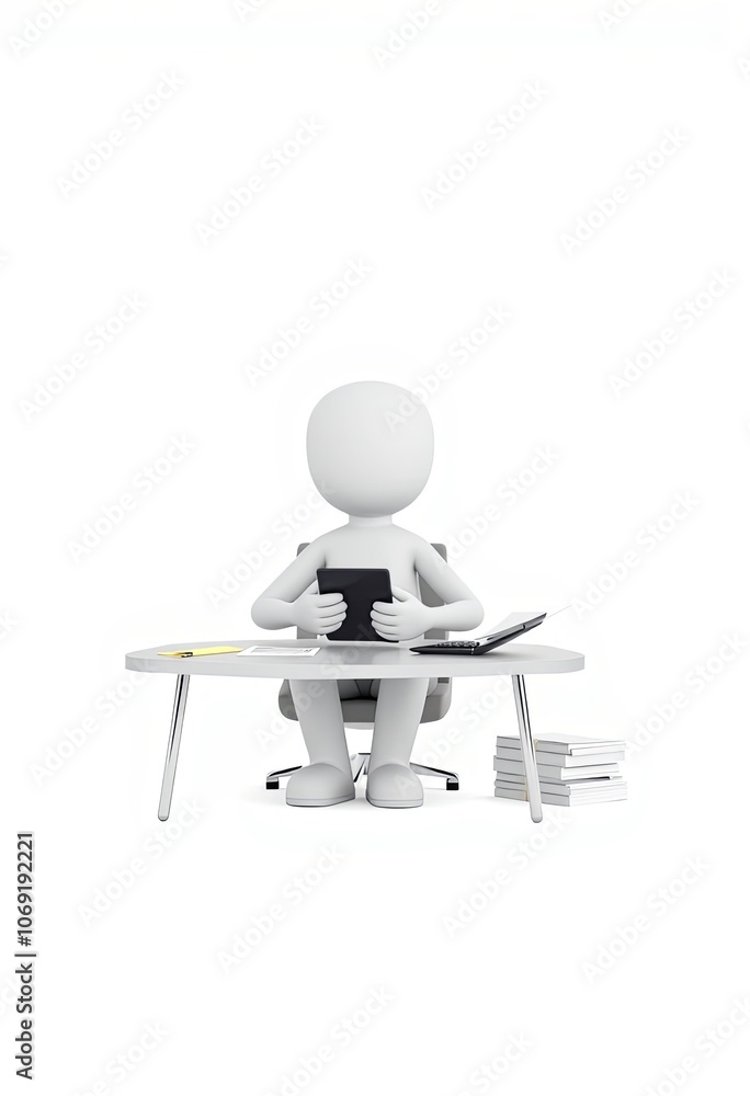 3D white stick figure character, financial planner, for business presentations, with copy space 3D white stick figure character, financial planner, for business presentations, with copy space