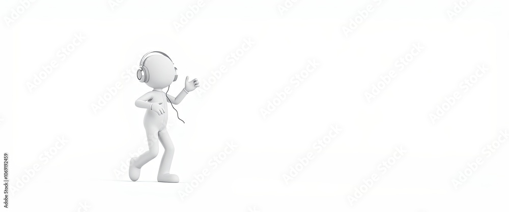 3D White Stick Figure Dancing with Headphones, Minimalist Style for Music and Entertainment Content with Copy Space 3D White Stick Figure Dancing with Headphones, Minimalist Style for Music and Entertainment Content with Copy Space