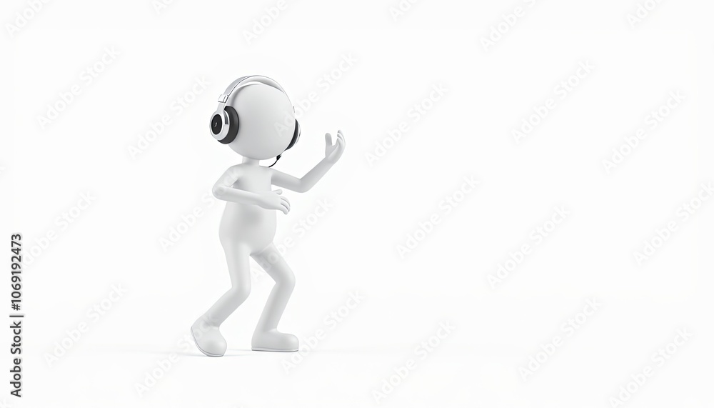 3D minimalist white stick figure dancing with headphones, ideal for music and entertainment visuals with copy space 3D minimalist white stick figure dancing with headphones, ideal for music and entertainment visuals with copy space