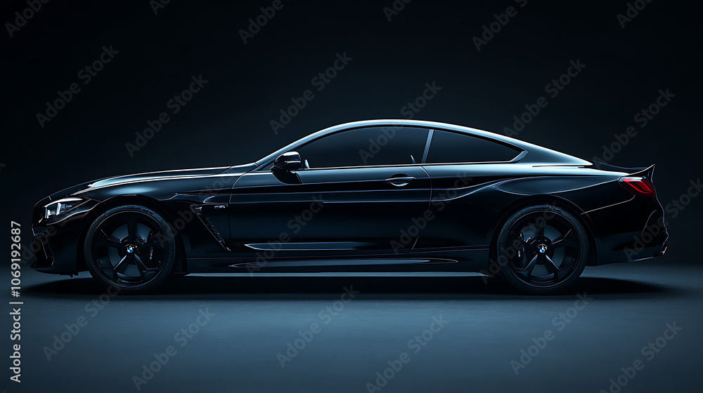 Black generic and unbranded luxury car on a dark background with copyspace Black generic and unbranded luxury car on a dark background with copyspace