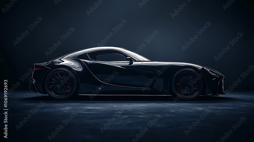 Black generic and unbranded luxury car on a dark background with copyspace Black generic and unbranded luxury car on a dark background with copyspace