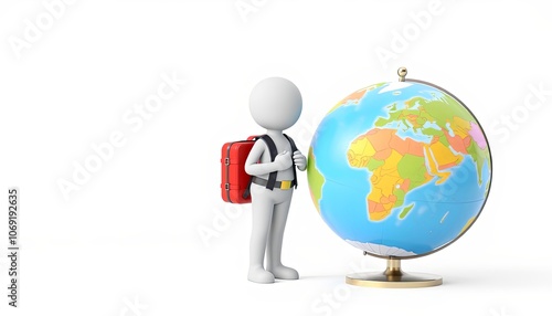 3D stick figure character representing global education with minimalist style for travel and study themes, ideal for educational content and with copy space for messages