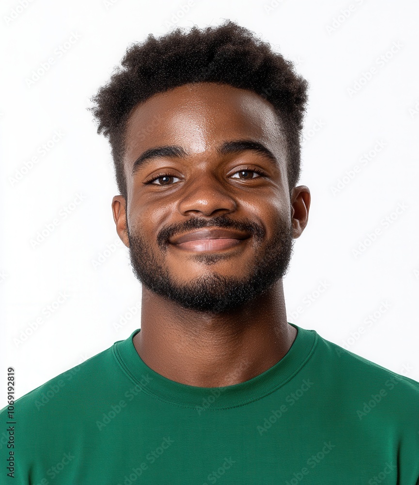 Obraz premium Portrait of a smiling young man with curly hair and a beard wearing a green t-shirt