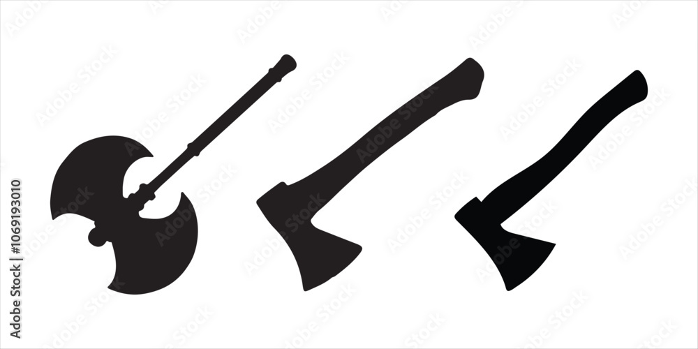 Axe set. Medieval axe icon. Medieval weapon black silhouette. Vector illustration isolated on white background. Axe set. Medieval axe icon. Medieval weapon black silhouette. Vector illustration isolated on white background.