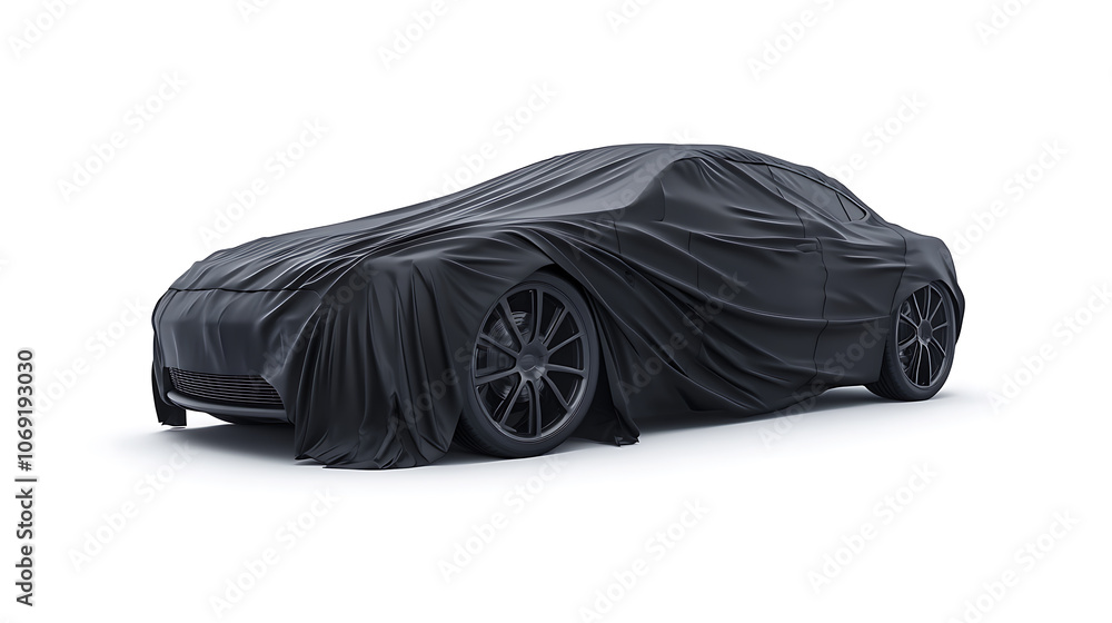 Car covered with a black cloth isolated on a white background Car covered with a black cloth isolated on a white background