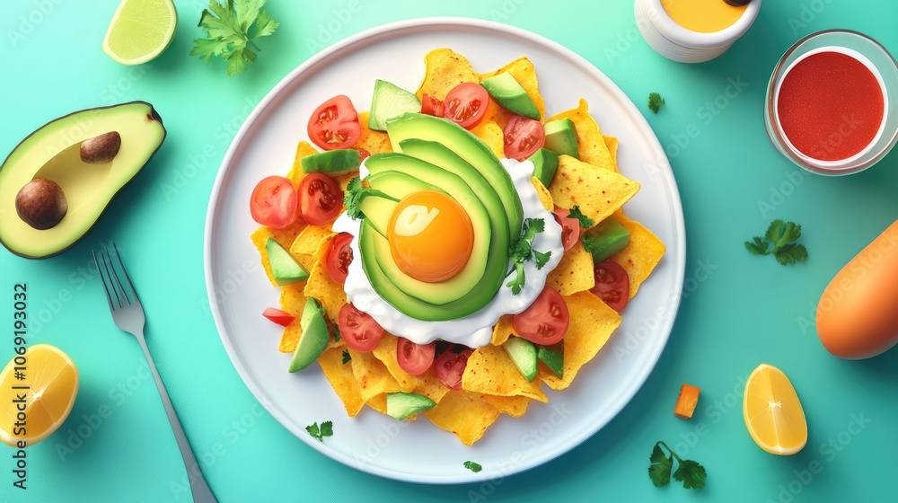 Top view of vibrant green chilaquiles topped with fresh avocado perfect for a delicious and healthy breakfast Top view of vibrant green chilaquiles topped with fresh avocado perfect for a delicious and healthy breakfast