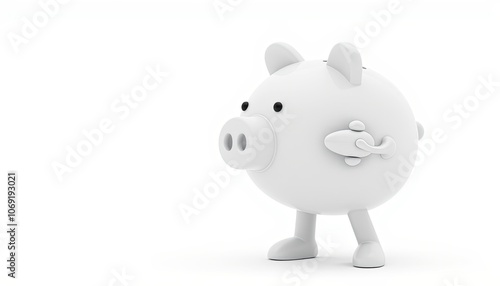 3D Stick Figure Character Holding Piggy Bank, Minimalist White Style, Financial Management Symbol, Copy Space for Finance Tips