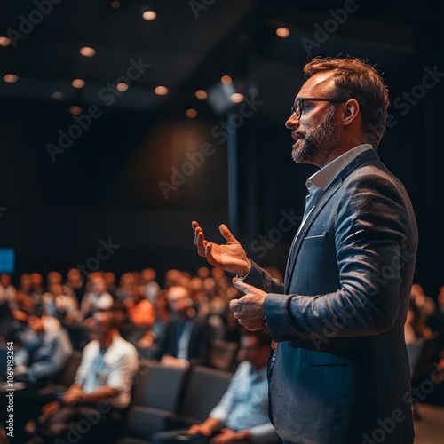 An executive giving a keynote speech at a business conference, with the audience listening attentively. The scene highlights leadership, communication, and professional engagement. photo