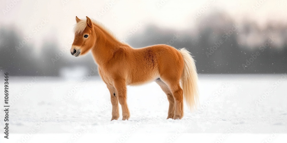 Fototapeta premium Adorable chestnut-colored pony standing in snowy field