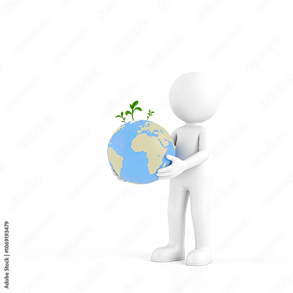 3D Minimalist Stick Figure Holding Globe with Plants, Promoting Sustainability with Copy Space 3D Minimalist Stick Figure Holding Globe with Plants, Promoting Sustainability with Copy Space