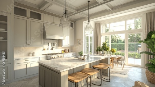 Modern Kitchen with Island, White Cabinets, and Large Windows