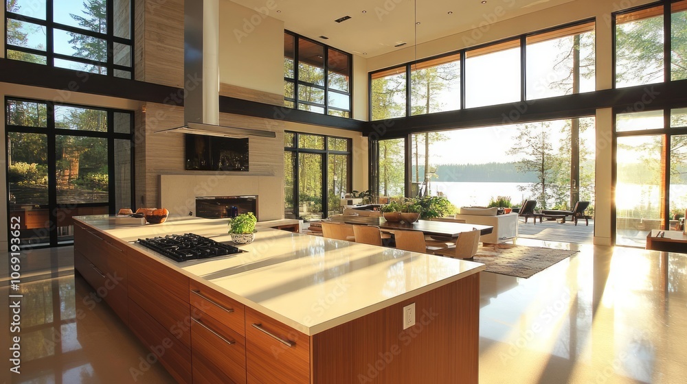 Modern Kitchen Island with Lake View and Sunlit Floor Modern Kitchen Island with Lake View and Sunlit Floor